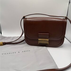 Charles & Keith Brown Leather Crossbody with Gold Clasp